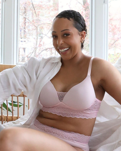 Petal / Implants & model wearing the new Tracy Lace Molded Cup bra, designed to mold and contour to you and your chest front view