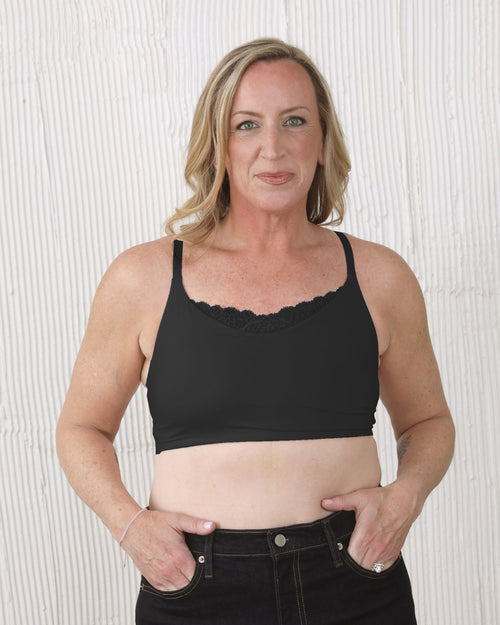 Black / Flat & Front view of the Tammi full coverage lace bralette in black, showing the feminine lace trim neckline and smooth, wire-free fit.