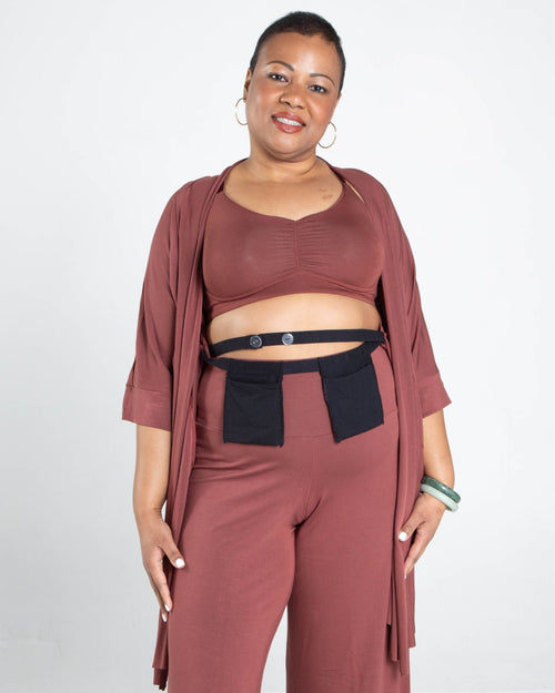 Sienna & Model holding the additional drain belt pocket while wearing the Miena post surgery super soft robe