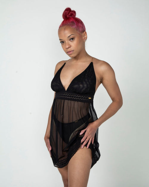Black / Mastectomy & pocketed mesh babydoll lingerie with mesh detail and criss cross tie back side and view