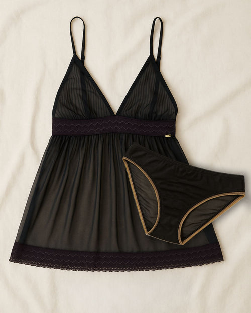 Black & Narmda Pocketed Babydoll dress with matching keyhole brief