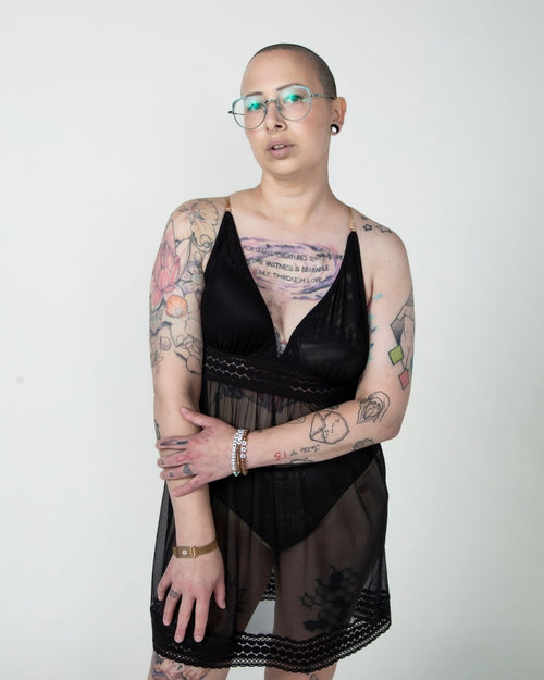 Black / Mastectomy & pocketed mesh babydoll lingerie with mesh detail and criss cross tie back side and view