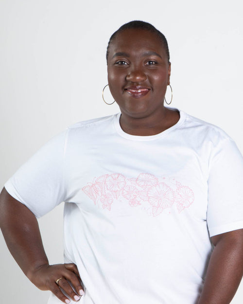 White & blossom t-shirt for people who are flat or wear breast forms