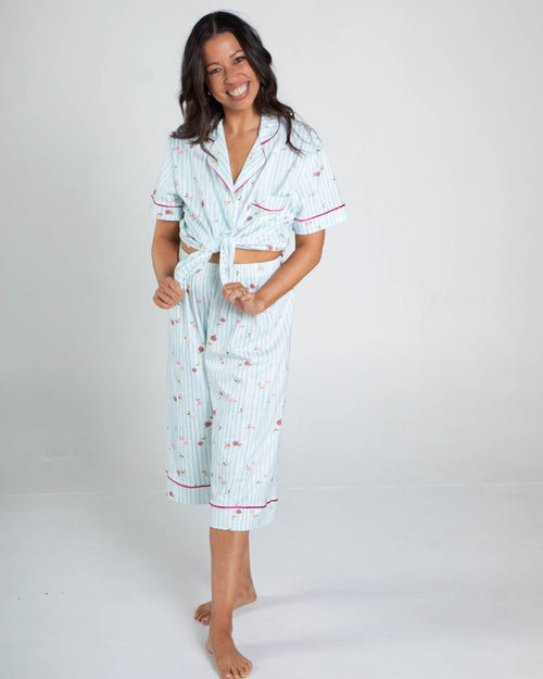 Booberry & front view of the pj set with the short sleeve top and the capri pants