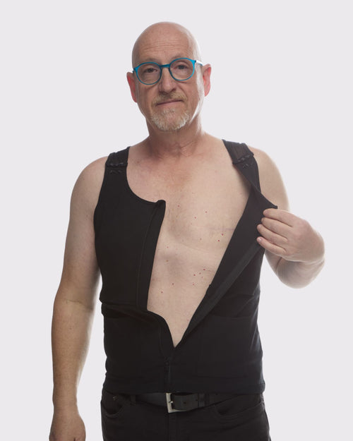 Black & front view of the uni-sex male mastectomy compression vest by AnaOno