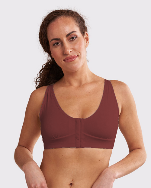 Sienna & front closure post op bra front view on an au natural model