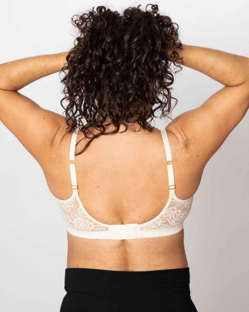 Ivory / Au Natural & pocketed lace soft cup bralette with adjustable straps on au natural model back view