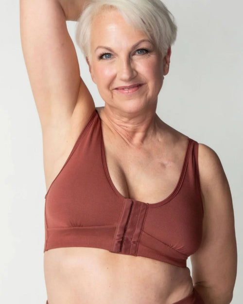 Sienna & front closure post op bra front view on an diep flap model