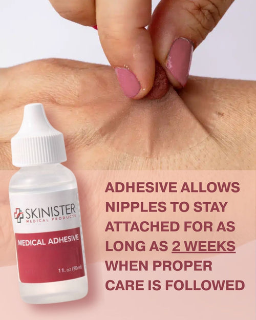 Clear & skinister adhesive and remover in use on a model. Adhesive allows nipples to stay attached for as long as 2 weeks when proper care is followed