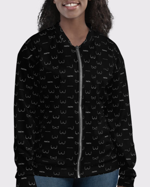 Black & white boob printed bomber jacket with pockets.