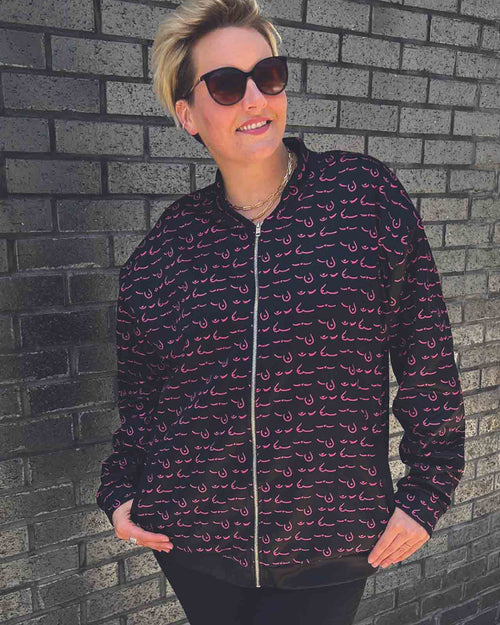 Black & pink boob printed bomber jacket with pockets and graphic boob prints