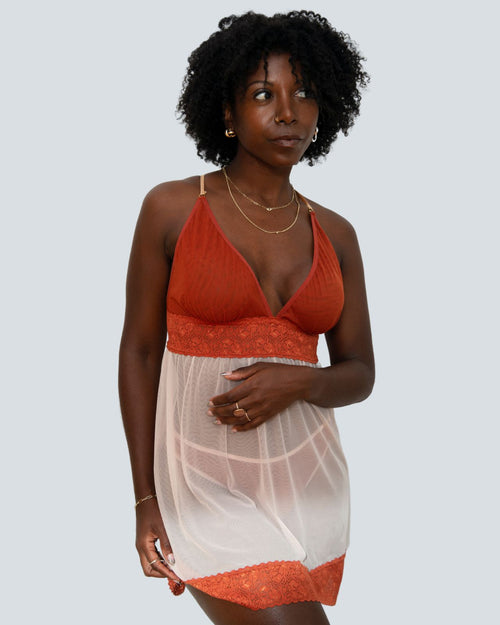 Terracotta / Implants & pocketed mesh babydoll lingerie with mesh detail and criss cross tie back