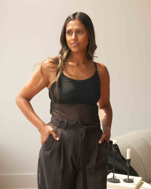 Black / Mastectomy & pocketed mesh camisole with built in shelf bra for extra support, semi sheer lightweight fabric