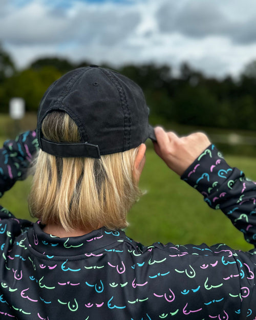 Black & metastatic breast cancer awareness hat with green, pink and teal.