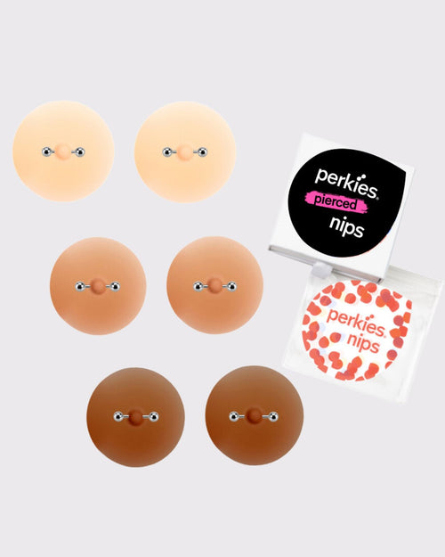Almond & perkies pierced nipples in the medium shade with the perkies packaging featured